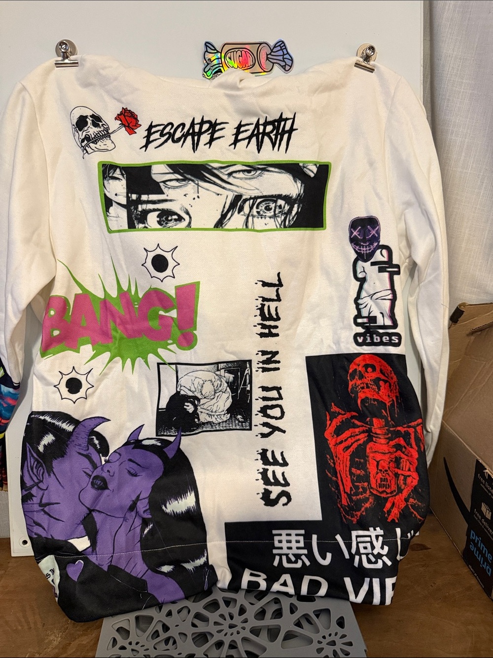Sugarhill White Graphic Hoodie with Purple, Green & Red Comic Artwork